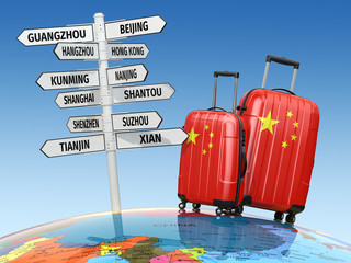 Fototapeta premium Travel concept. Suitcases and signpost what to visit in China.
