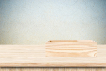Wood storage box on table background, product display montage