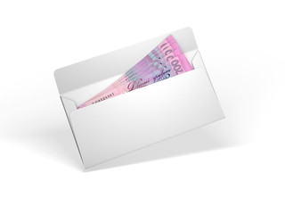 Bribe money in an envelope isolated on white background