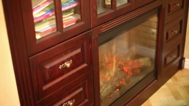 Wooden bookcase with built-in artificial fireplace in apartment