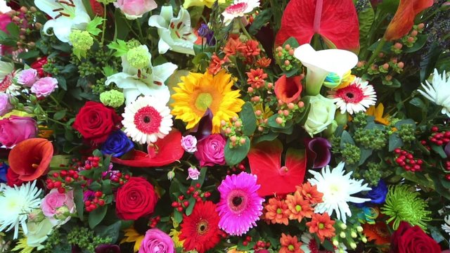 Beautiful flowers in bouquet of callas, lilies, roses, gerberas.