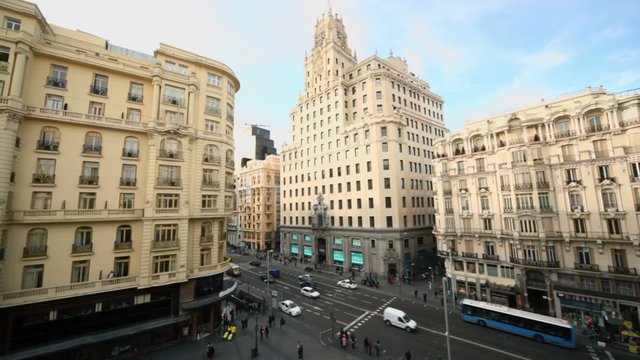 Traffic on Gran Via street near Telefonica building 