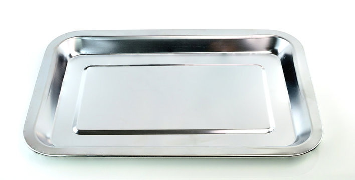 Empty silver tray on white background