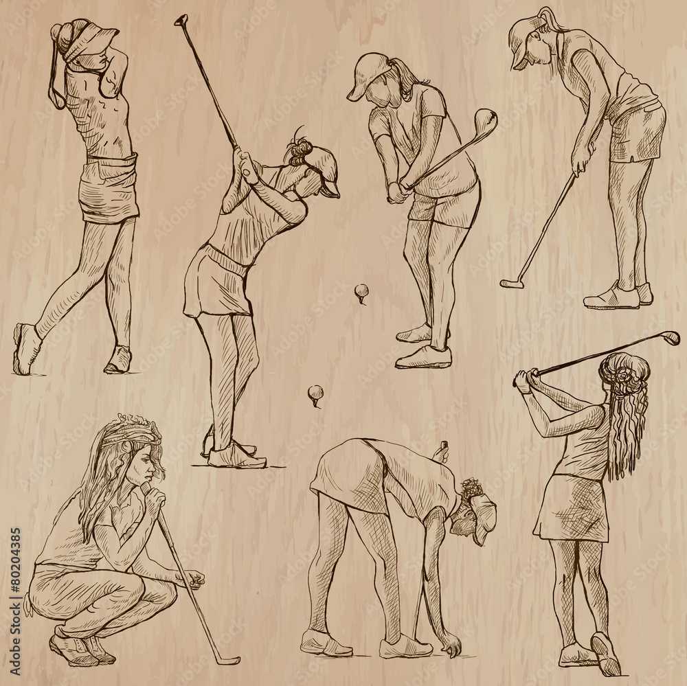 Sticker golf and golfers - hand drawn vectors