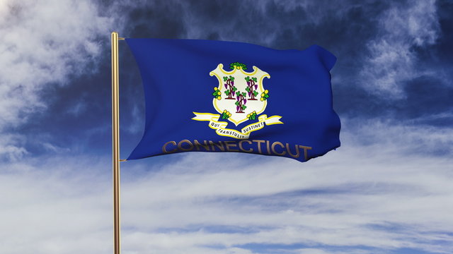 connecticut flag with title waving in the wind. Looping sun