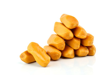 cocktail sausages on white background