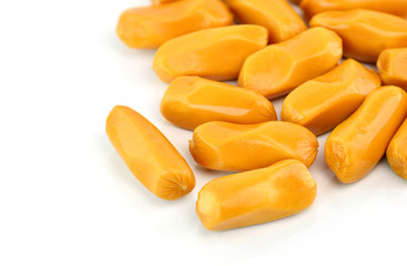 cocktail sausages on white background