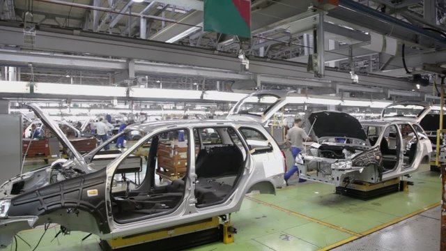 Bodies of new passenger cars on conveyor of AvtoVAZ factory