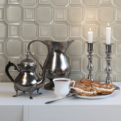 Breakfast with eclairs from vintage crockery on tile background