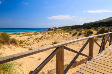 Wooden footbridge to Cala Sa Mesquida beach, Majorca island