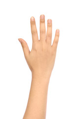 Woman hand making sign. Isolated on white background