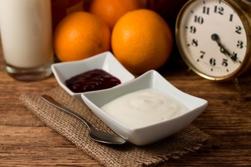 Morning with white yogurt and fruit