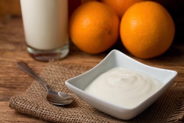 Morning with white yogurt on jute cloth