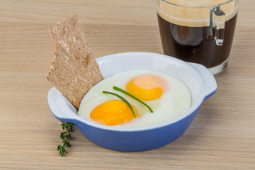 Breakfast with eggs and coffee