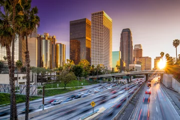 Foto auf Acrylglas Los Angeles Downtown Skyline Sonnenuntergang Gebäude Autobahn © blvdone