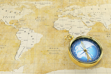 Fototapeta na wymiar Old world map and antique compass.