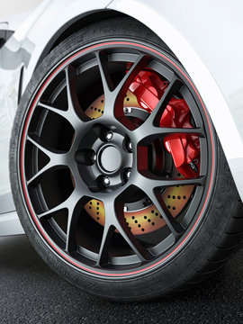 Car wheel with red-hot brakes