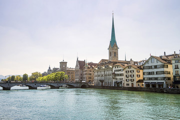 Fototapeta na wymiar Zurich city center skyline and Limmat quay