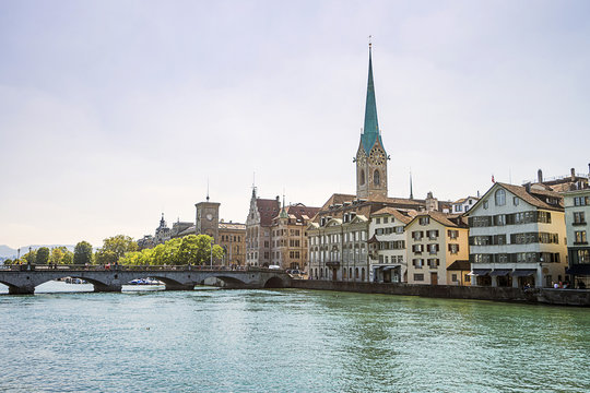Zurich city center skyline and Limmat quay
