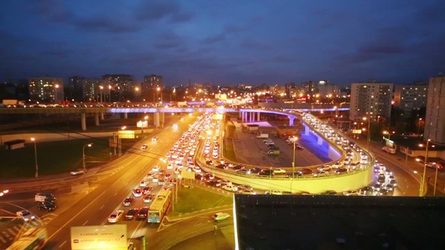 Night view of traffic jam on third transport ring in Moscow