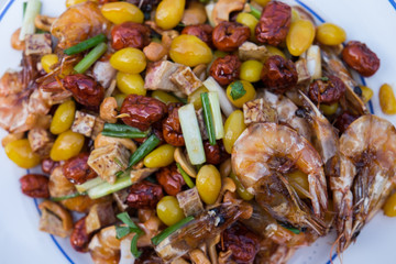 Stir fried Shrimp with cashew nuts, monkey apple, Ginko and Taro
