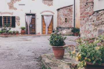 flower pot on the porch of a italian old house in Tuscany