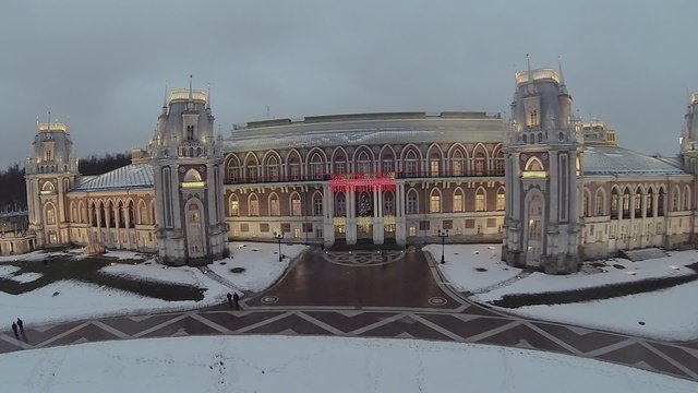 Edifice of royal palace with illumination in Tsaritsyno