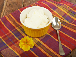 Yogurt, breakfast on the table wooden background