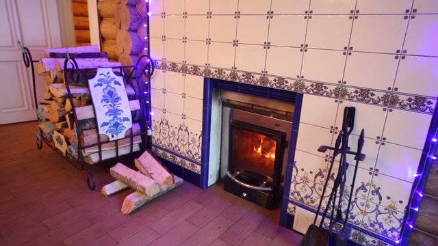 Fireplace with burning flame inside and stack of birch firewood