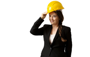 female enginer with helmet  over white background