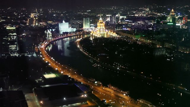 Cityscape of russian capital with MFA, Ukraine Hotel and White house on shore of river