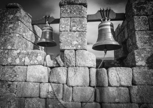 monochrome of a bell tower in Sortelha village, Sabugal Portugal