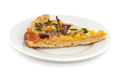Slice of italian pizza on plate, isolated on white background.
