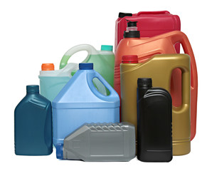 Plastic bottles from automobile oils isolated on white