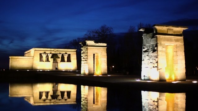 Temple of Debod (ancient Egyptian temple) with illumination.