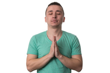 Portrait Of Handsome Young Man Meditating White Background