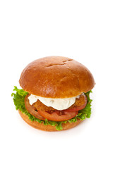 Fish burger on white background. Selective focus.