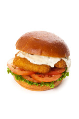 Fish burger on white background. Selective focus.