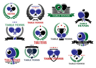Table tennis sporting icons and labels set