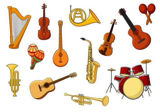 Cartoon set of colored musical instrument icons
