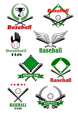 Baseball game sporting emblems and symbols