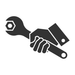 black illustration of hand holding wrench