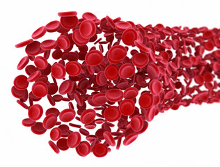 Flow of 3d red blood cells isolated on white background.