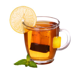 glass cup of tea with lemon and mint isolated on white backgroun