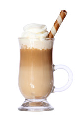 Coffee Latte in glass irish mug with wafer isolated on white