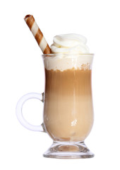 Coffee Latte in glass irish mug with wafer isolated