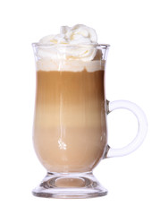 Coffee Latte in glass irish mug with wafer isolated