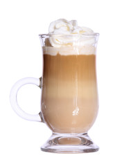 Coffee Latte in glass irish mug with wafer isolated
