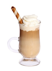 Coffee Latte in glass irish mug with wafer isolated