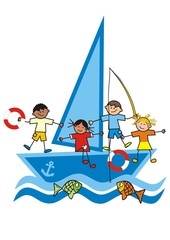children and sailboat, funny vector illustration